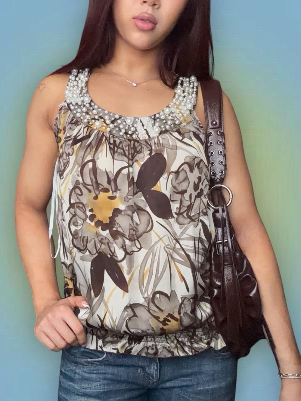 Pearl-Trim Floral Sleeveless Blouse in Ivory and Brown